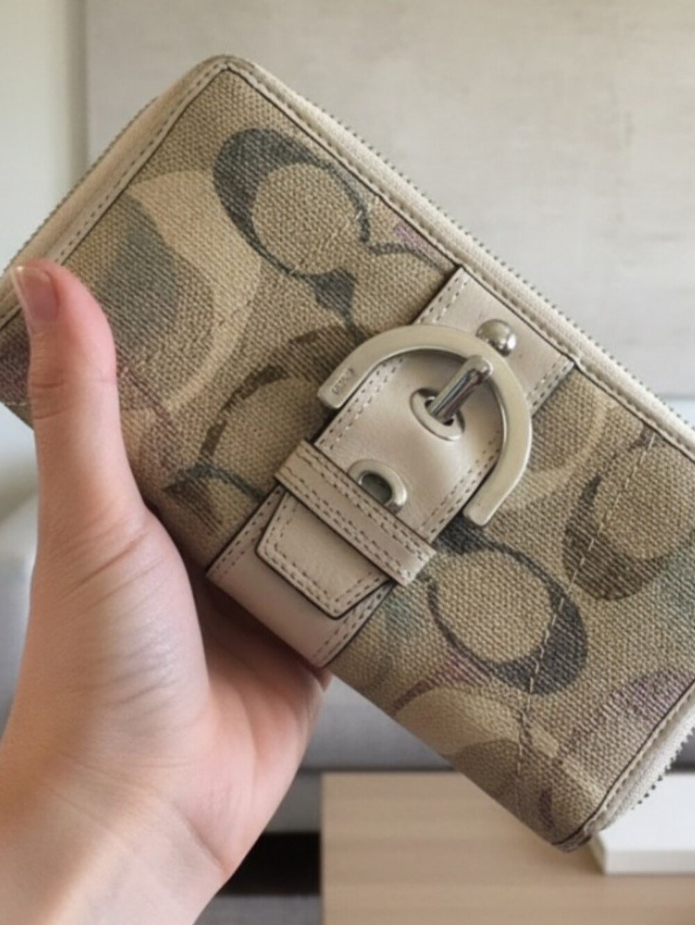 Coach Beige Signature Canvas Wallet with Tan Leather Trim